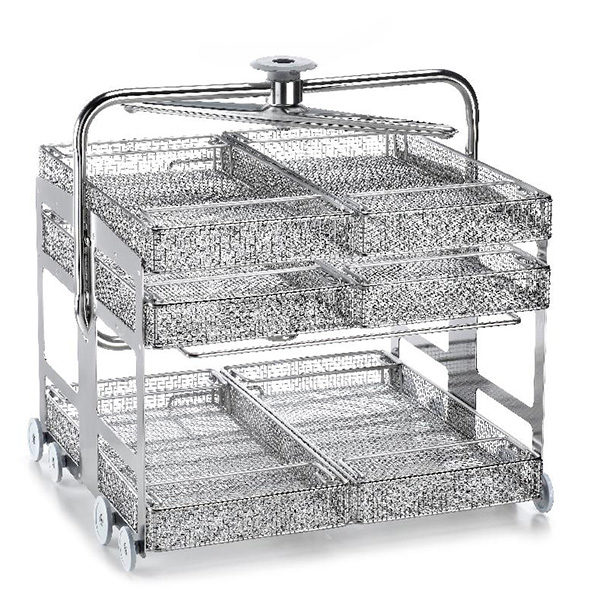 Stainless steel trolley with 2 washing levels able to hold 6 trays. Two spray arms incorporated.